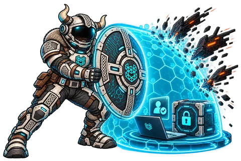 Joe protecting business technology with a shield