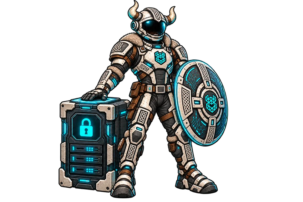 Joe standing guard with a shield beside a secure data system